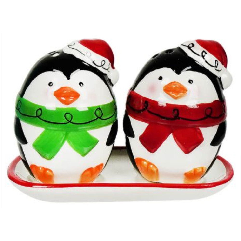 Jolly Penguins Salt & Pepper Shakers With Dish Set - Free Gift Wrapping!